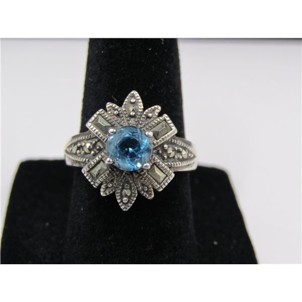 Size 6 Sterling Silver Blue Topaz and Malachite Ring