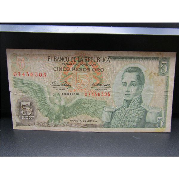1961 Colombia 5 Pesos Bank Note. SCARCE