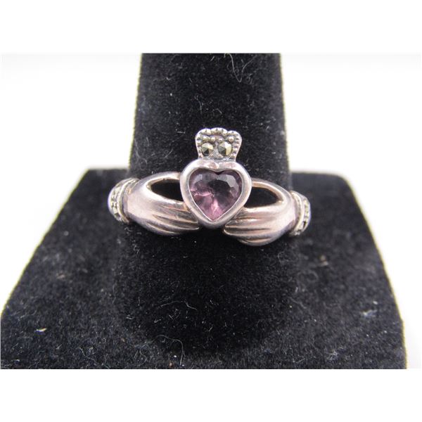 Sterling Silver Size 9 Vintage Pink Claddagh Ring