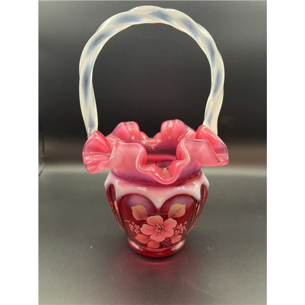 Vintage Fenton Cranberry Hand Painted and Signed Glass Basket RARE Legacy Collection 95th Anniv. 8.5