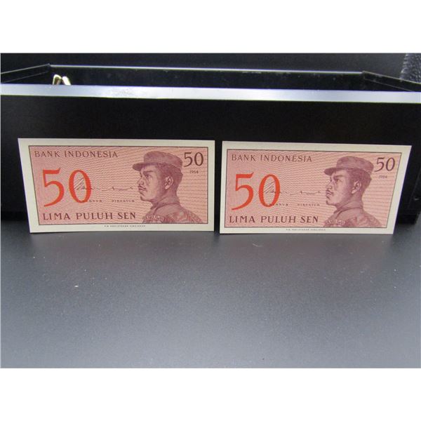 2- 1964 Indonesia 50 Sen Notes, GEM CRISP UNC