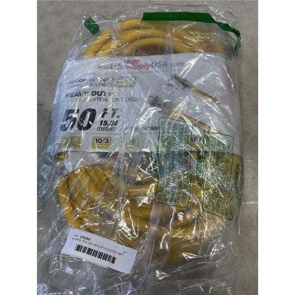 AS NEW YELLOW INDOOR OUTDOOR 50FT HEAVY DUTY LIGHTED EXTENSION CORD, 10AWG, 3 WIRE