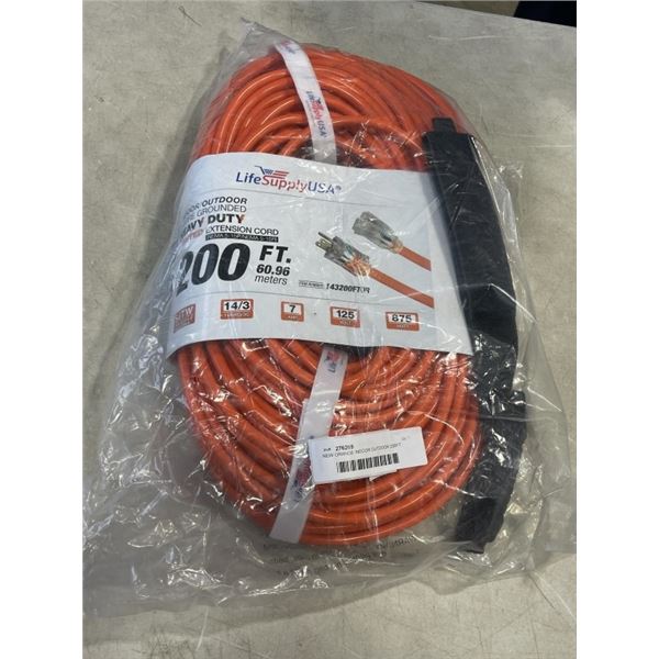 NEW ORANGE INDOOR OUTDOOR 200FT HEAVY DUTY LIGHTED EXTENSION CORD, 14AWG, 3 WIRE