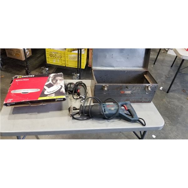 METAL TOOL BOX W/ 2 POWER TOOLS, AND BALANCE BOARD