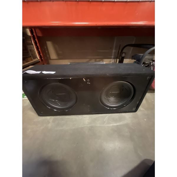 TWO 10 INCH BASSWORX SUBS IN CABINET WITH BASSWORX 500.1D AMP