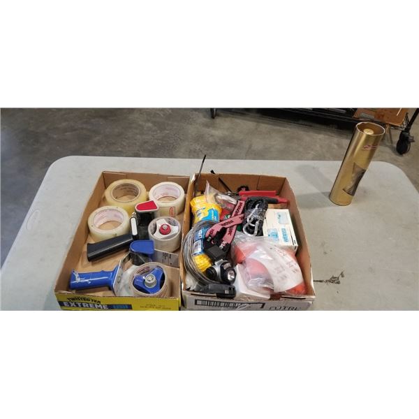 2 TRAYS OF TOOLS, HEADLAMPS, TAPE GUNS ETC