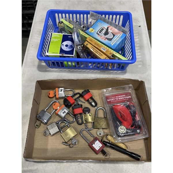 2 TRAYS OF PADLOCKS, STRAPS, TOOLS AND HARDWARE