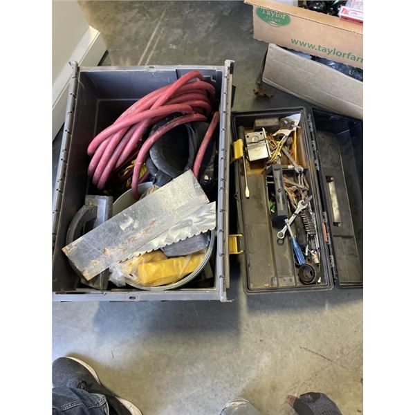 TOOLBOX AND CONTENTS AND TOTE OF ASSORTED TROWELS, AIR HOSE ETC