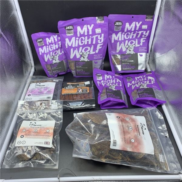 FIVE BAGS OF MY MIGHTY WOLF TURKEY BLISS DOG TREATS WITH PORK JERKY STICKS, BEEF LUNG BITES, SAUSAGE
