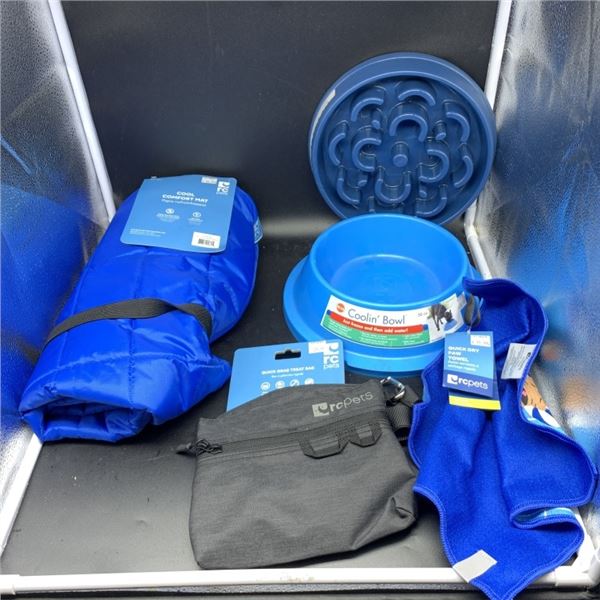 BOX OF NEW PET ACCESSORIES RC PETS QUICK DRY TOWEL, COOLIN BOWL, QUICK GRAB TREAT BAG AND MORE