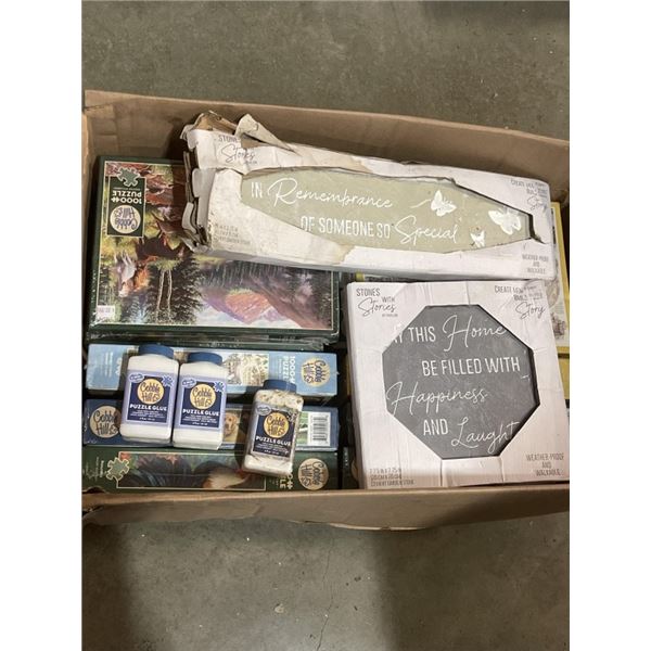 BOX OF NEW PUZZLES AND GLUE WITH HOME DECOR SIGNS