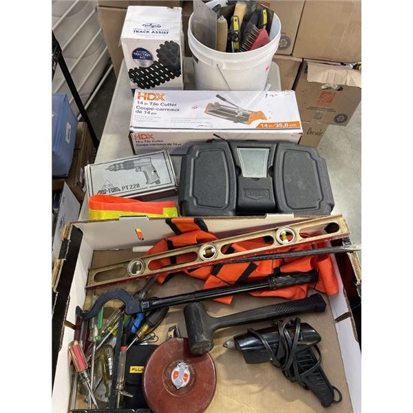 LOT OF TOOLS, TILE CUTTER, GLUE GUN, ETC