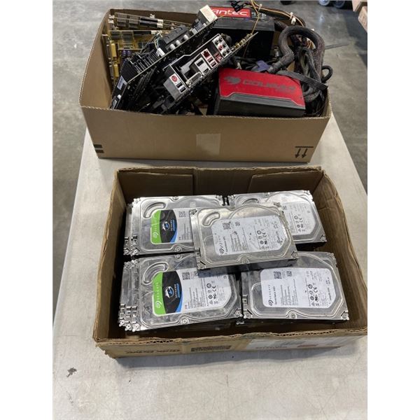ASSORTED COMPUTER HARD DRIVES, MOTHERBOARDS, FANS