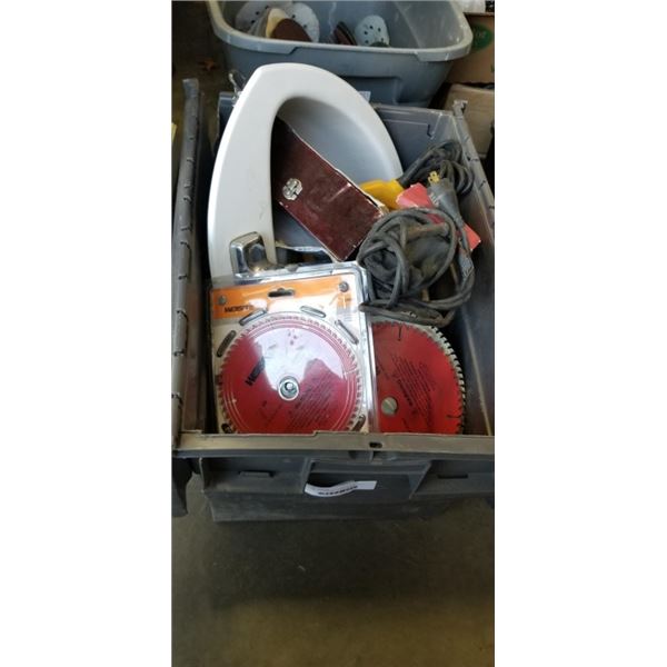 ASSORTED POWER TOOLS, SAW BLADES, SMALL SINK ETC