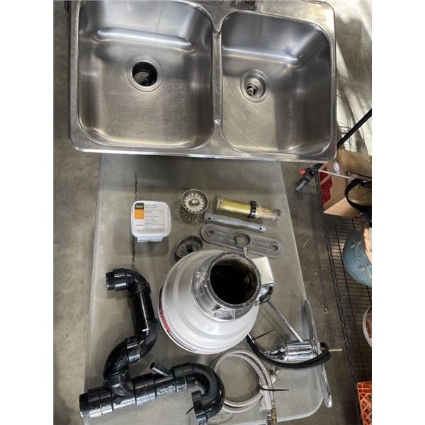 STAINLESS DOUBLE SINK WITH WASTE KING GARBURETOR, AND FAUCET, ATTACHMENTS ETC