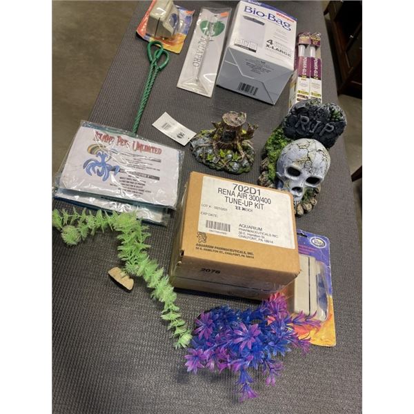 ASSORTED NEW FISH TANK DECOR, GLOW LIGHTS,2 FILTER CARTRIDGES AND NETS ETC