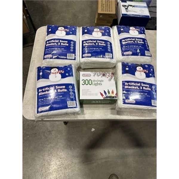 5 NEW ARTIFICIAL SNOW BLANKET, 3 ROLLS 2.6FTX 7.8FT EACH EXPANDS TO 1.78 THICK, AND NEW SET OF PREXT