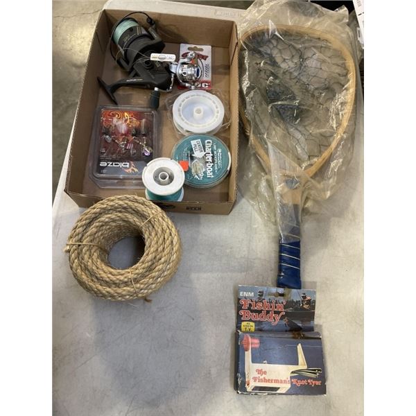 ASSORTED FISHING ITEMS, VIBTAGE NET, REEL ETC