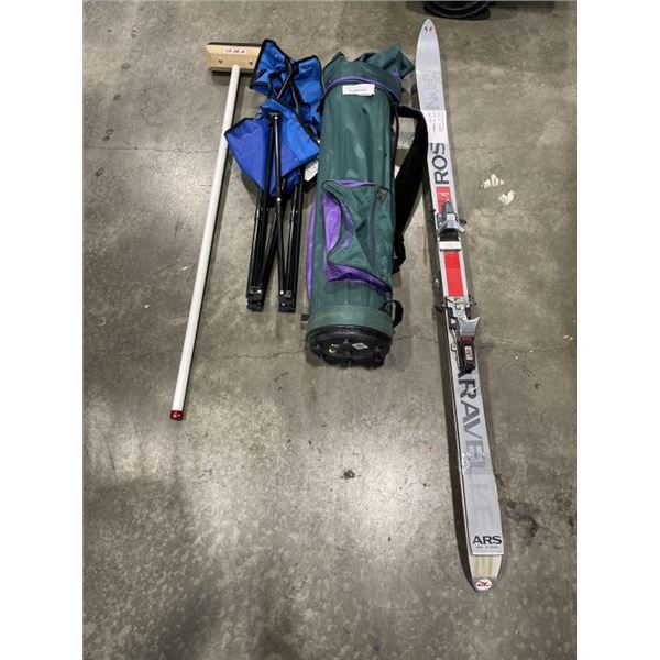 ROSIGNAL SKIS, CURLING BROOM, CAMP CHAIR, AND GOLF BAG