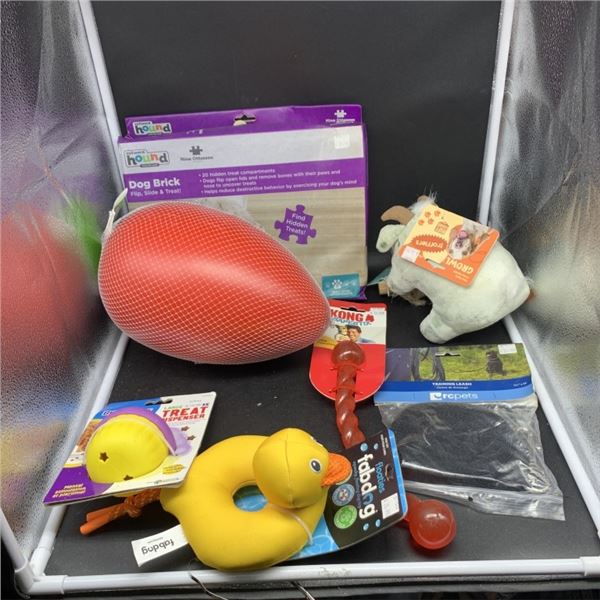 BOX OF NEW PET ACCESSORIES AND TOYS