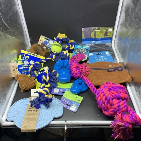BOX OF NEW PET ACCESSORIES AND TOYS