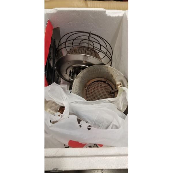 STYROFOAM COOLER WITH PROPANE HEATERS AND ASSORTED CMAPING DISHES ETC