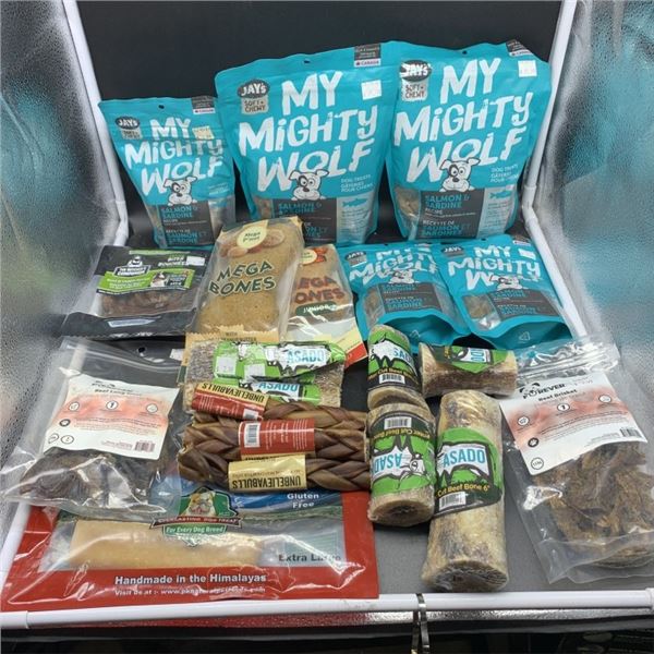 FIVE BAGS OF NEW MY MIGHTY WOLF SALMON AND SARDINE RECIPE DOG TREATS WITH SAUSAGE BITES, MEGA BONES,