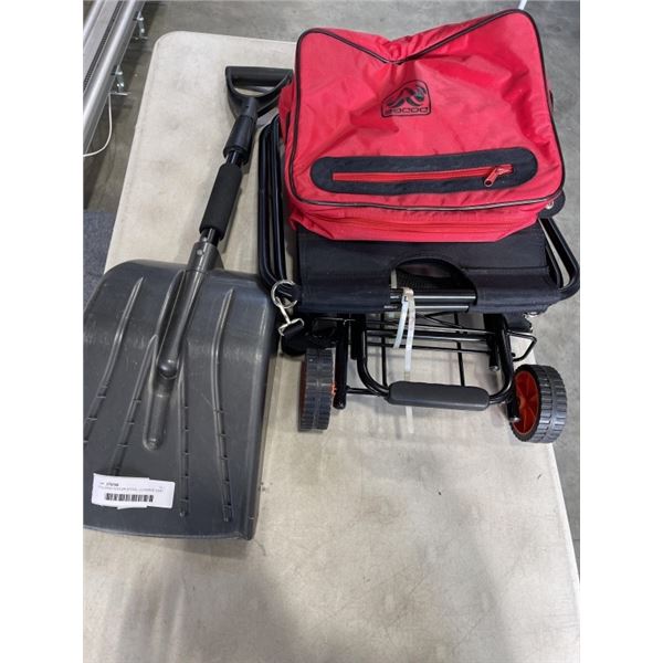 FOLLDING COOLER STOOL, LUGGAGE CART AND SNOW SHOVEL