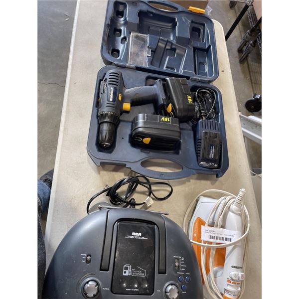 MASTER CRAFT 18V DRILL AND CHARGER SET, IRON AND RCA STEREO