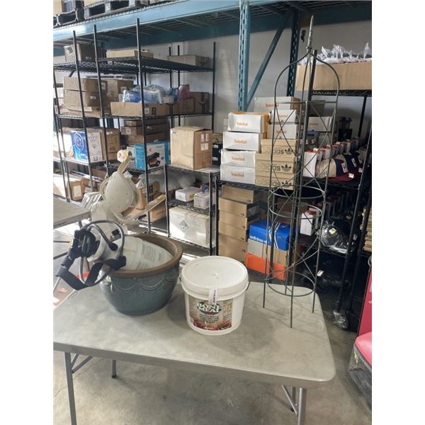 GARDEN PLANT POT, TOMATOE CAGE, SPRAYER AND BUCKET OF BONE MEAL