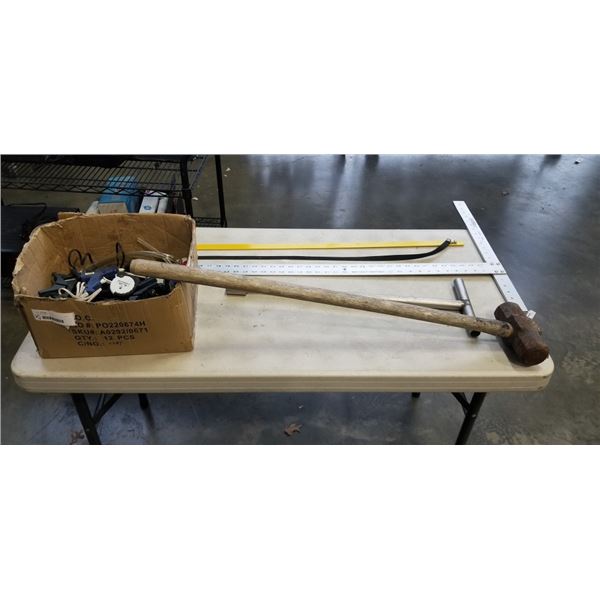 LOT OF TOOLS, SLEDGE HAMMER, SQAURE, ETC