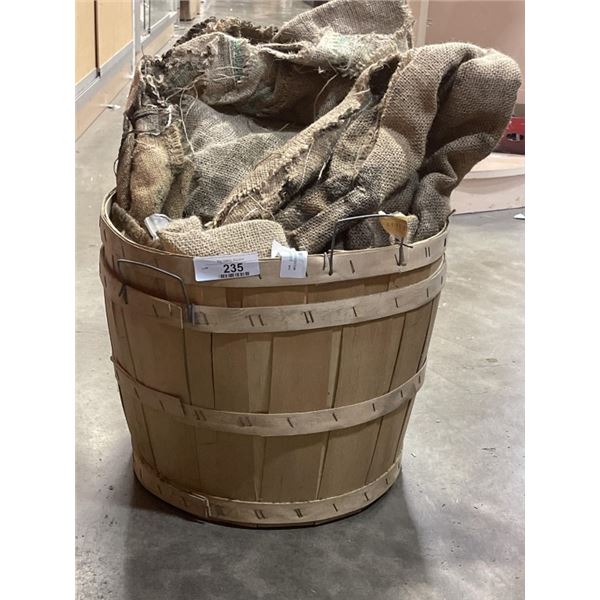 WOODEN BASKET OF BURLAP