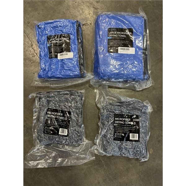 NEW MICROFIBRE DRYING TOWELS, 4 GREY 16 X 16 INCH, (PACKS OF 2) AND LARGE SIZE 2X BLUE 40 X 24 INCH 