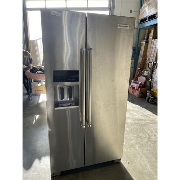 KITCHEN AID STAINLESS SIDE BY SIDE REFIRIDGERATOR, WORKING, FREEZER BUILDS FROST BUT WORKS, 36 INCH 