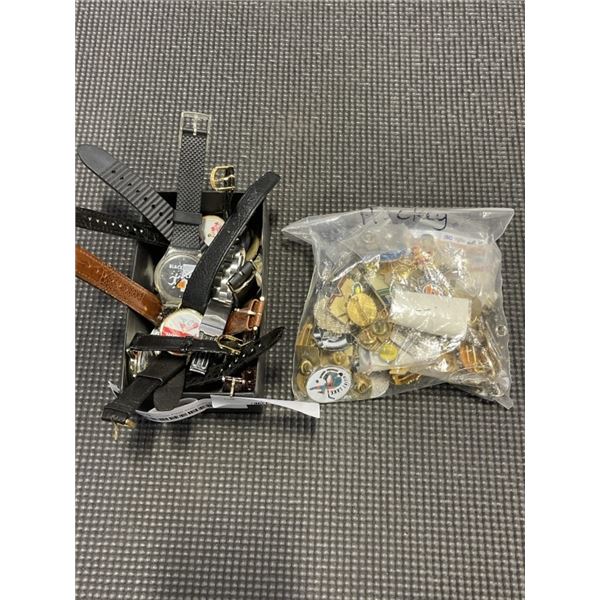 40 HOCKEY RELATED PINS AND AND 10 ASSORTED ADVERTISING WATCHES