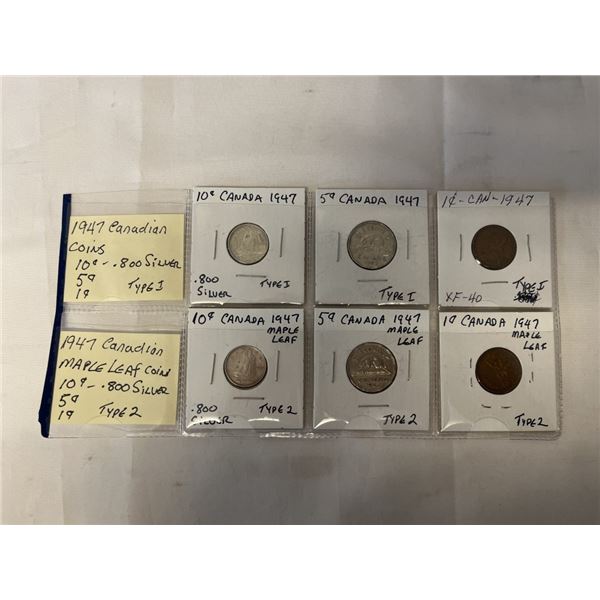 6 - 1947 CANADIAN COINS BOTH PLAIN (TYPE 1) MAPLE LEAF (TYPE 2) DIMES - .800 SILVER PLUS 5 CENT AND 