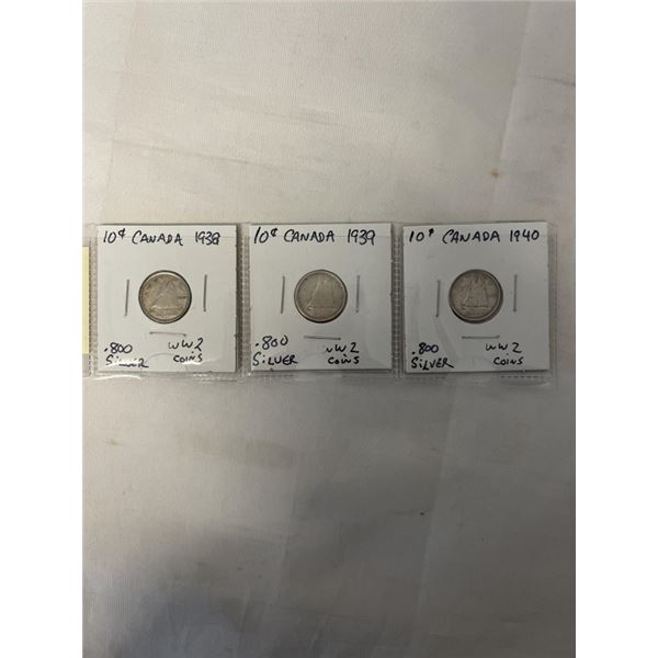 3 CANADIAN SILVER WW2 DIMES 1938, 1939, 1940 .800 SILVER