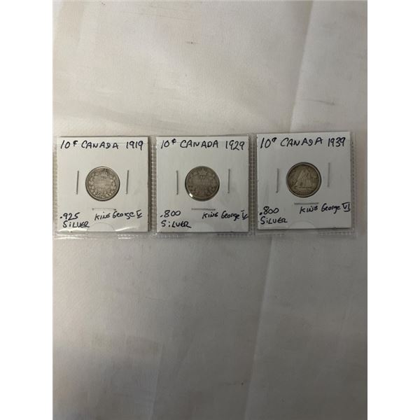3 CANADIAN SILVER DIMES 1919 .925, 1929, 1939 .800 SILVER