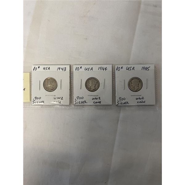 3 USA SILVER WW2 LIBERTY DIMES 1943, 1944, 1945 .900 SILVER