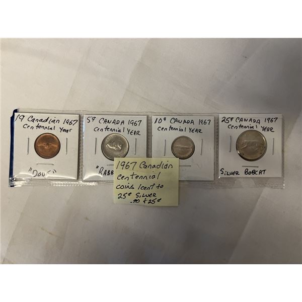 4 - 1967 CANADIAN CENTENNIAL COINS 25 CENT, 10 CENT SILVER PLUS RABBIT NICKEL AND DOVE PENNY