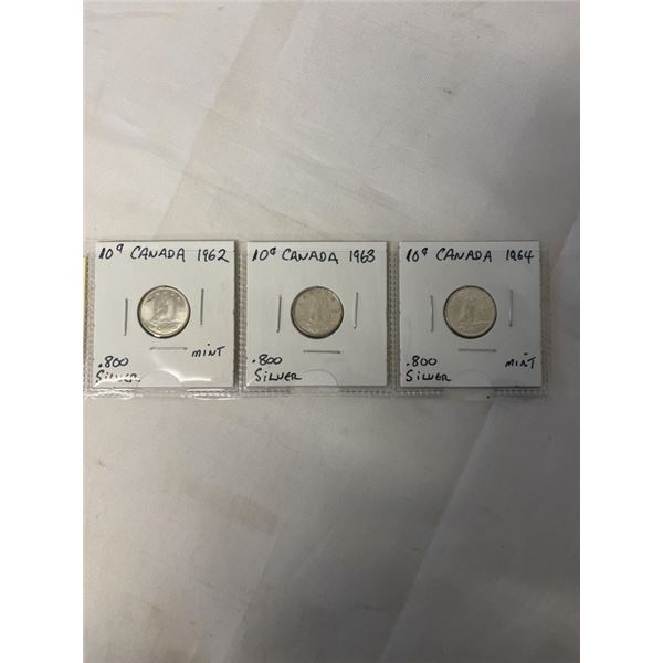 3 CANADIAN MINT SILVER DIMES 1962, 1963, 1964 .800 SILVER