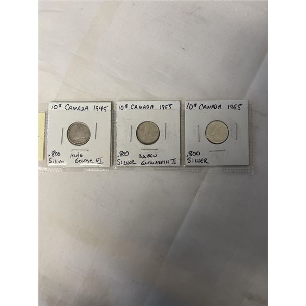 3 CANADIAN SILVER DIMES 1945, 1955, 1965 .800 SILVER