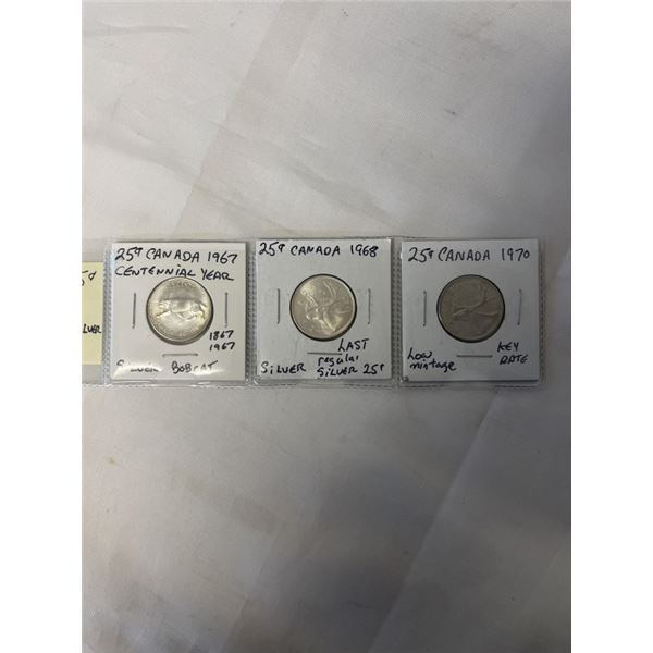3 CANADIAN 25 CENT 1967 CENTENNIAL SILVER BOBCAT, 1968 LAST REGULAR ISSUE SILVER 25 CENT PLUS 1970 K
