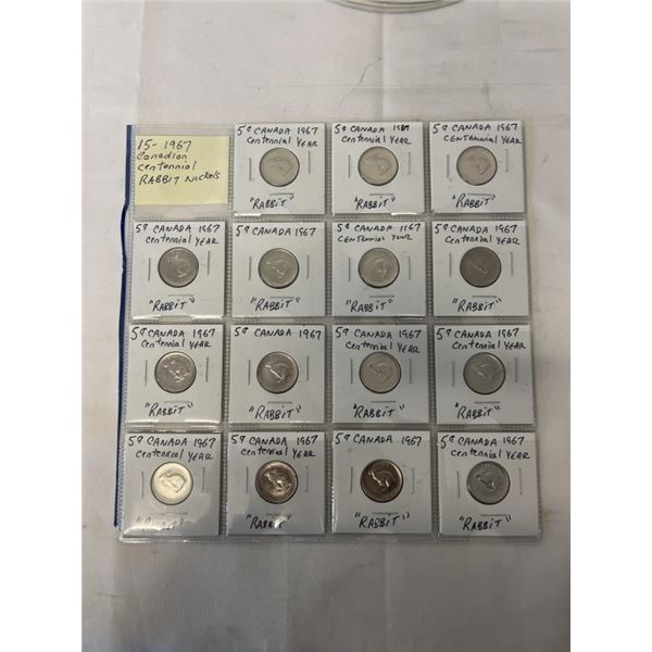 15 MINT 1967 CANADIAN CENTENNIAL RABBIT NICKELS