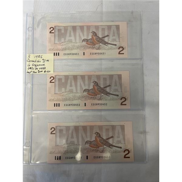 3 MINT 1986 $2 BILLS IN SEQUENCE, LAST YEAR OF 2 BILLS