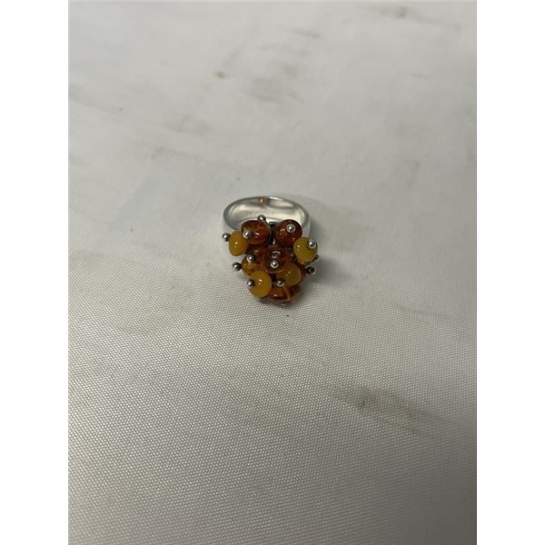 VINTAGE STERLING SILVER (TESTED) W/ GENUINE AMBER BEADS RING, SIZE 8 MARKED 925