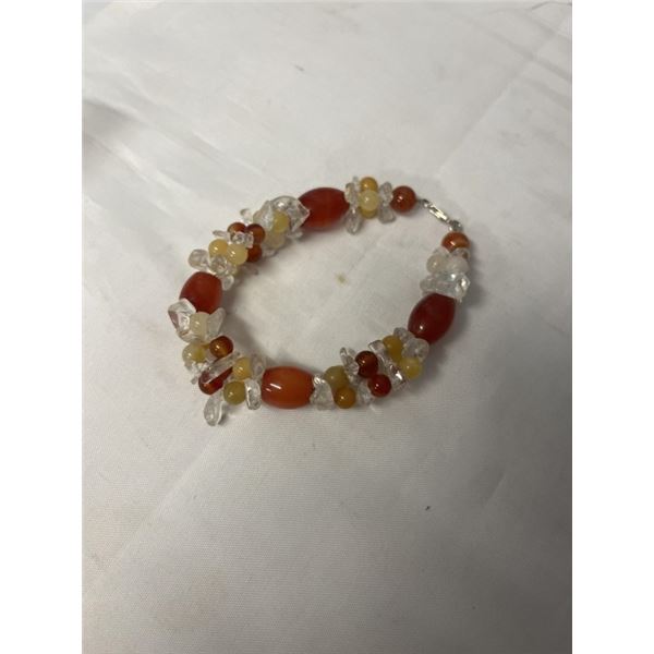 NATURAL ROCK CRYSTAL AND CARNELIAN BEADS BRACELET W/ STERLING SILVER LOBSTER CLASP, MARKED 925