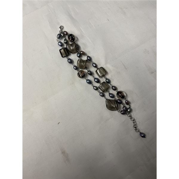 3 STRANDS OF STERLING SILVER W/ CULTURED FRESHWATER PEARLS AND VENETIAN GLASS BEADS BRACELET, MARKED