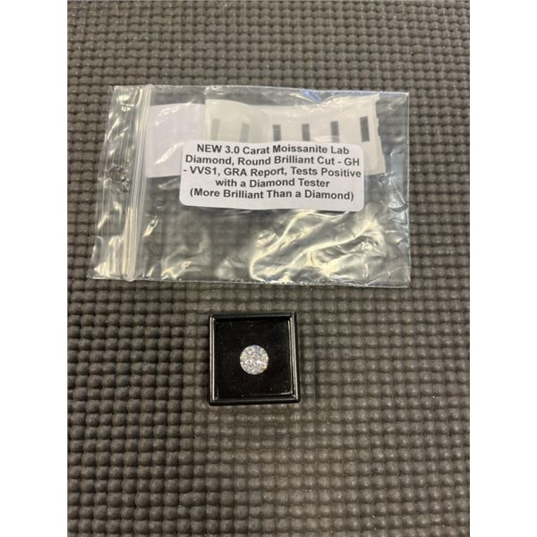 NEW 3.0 CARAT MOISSANITE LAB DIAMOND, ROUND BRILLIANT CUT, GH-VVS1, GRA REPORT, TESTS POSITIVE W/ DI