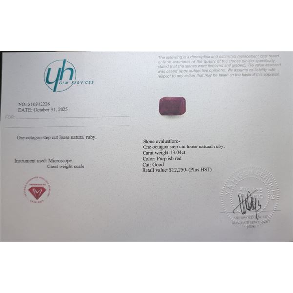 13.04 CT CERTIFIED RUBY GEMSTONE ($12,250 APPRAISAL)